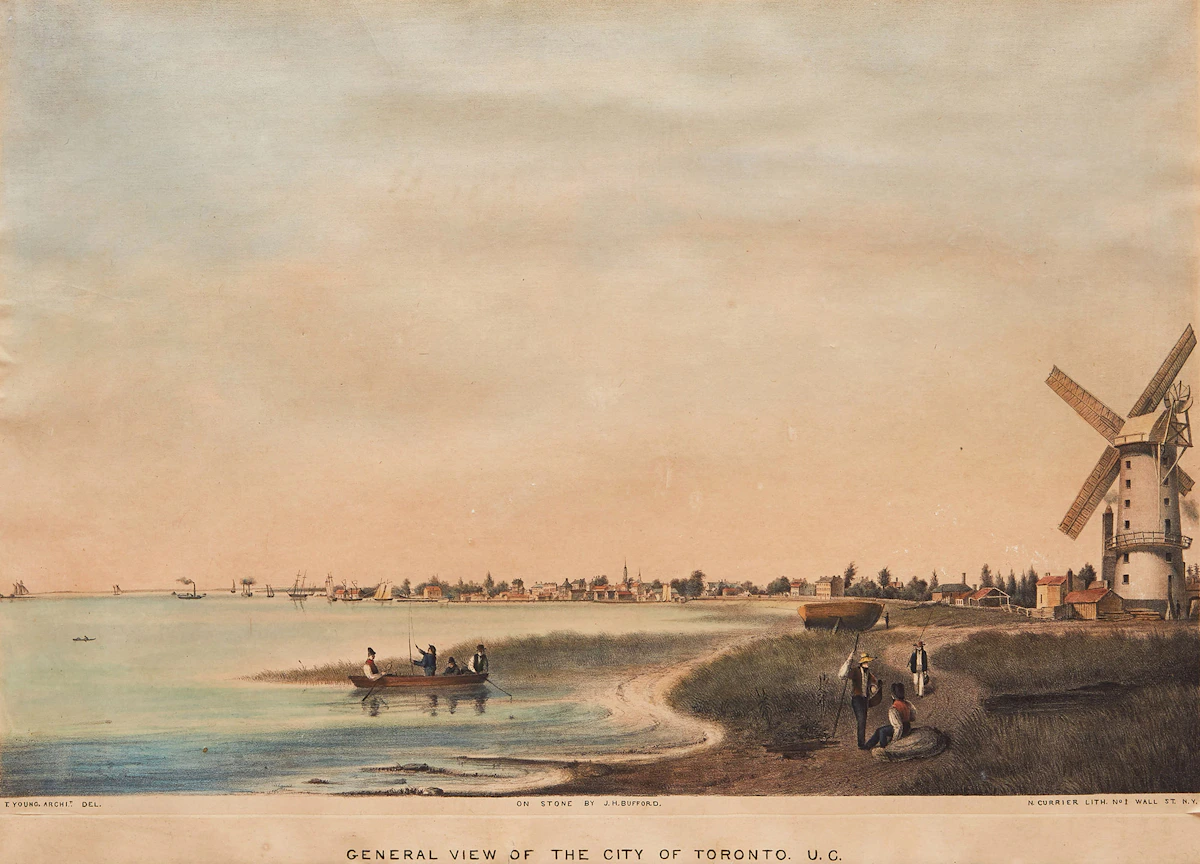 Nathaniel Currier, General View of the City of Toronto, Upper Canada (after Thomas Young), hand coloured lithograph, circa 1835