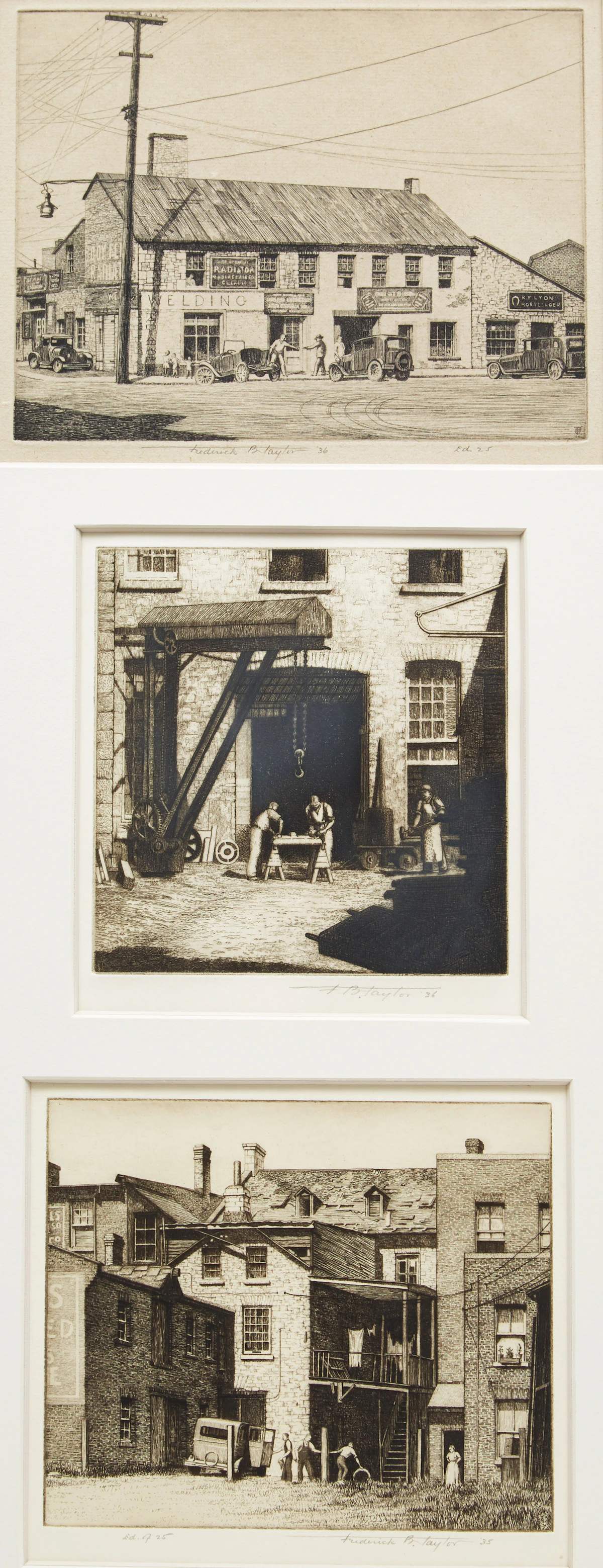 Frederick Bourchier Taylor, Foundry; In the Foundry Yard; Backyard, three etchings framed together