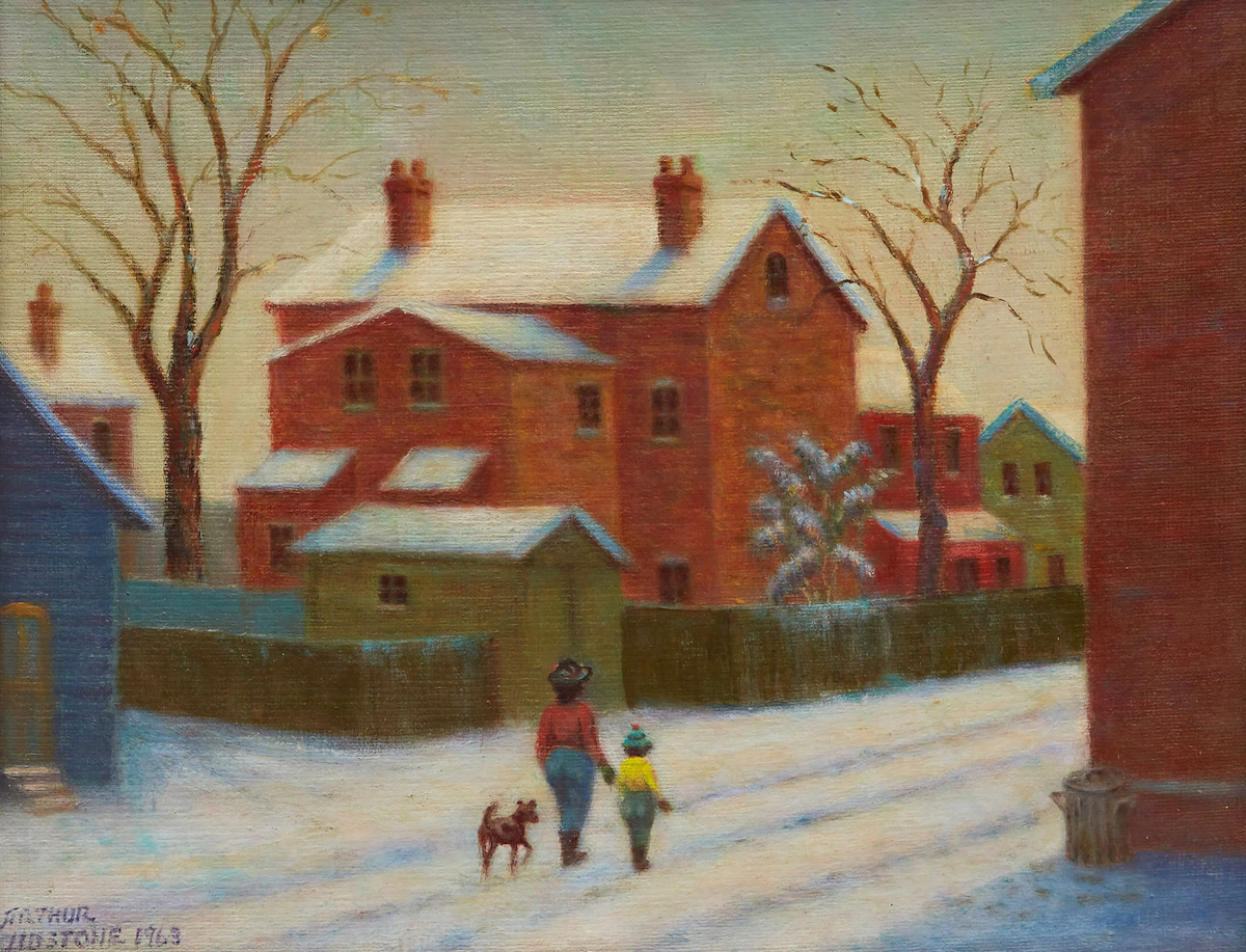 Arthur Lidstone, Snow Lane off Wellesley St., Toronto, 1963, oil on canvas board