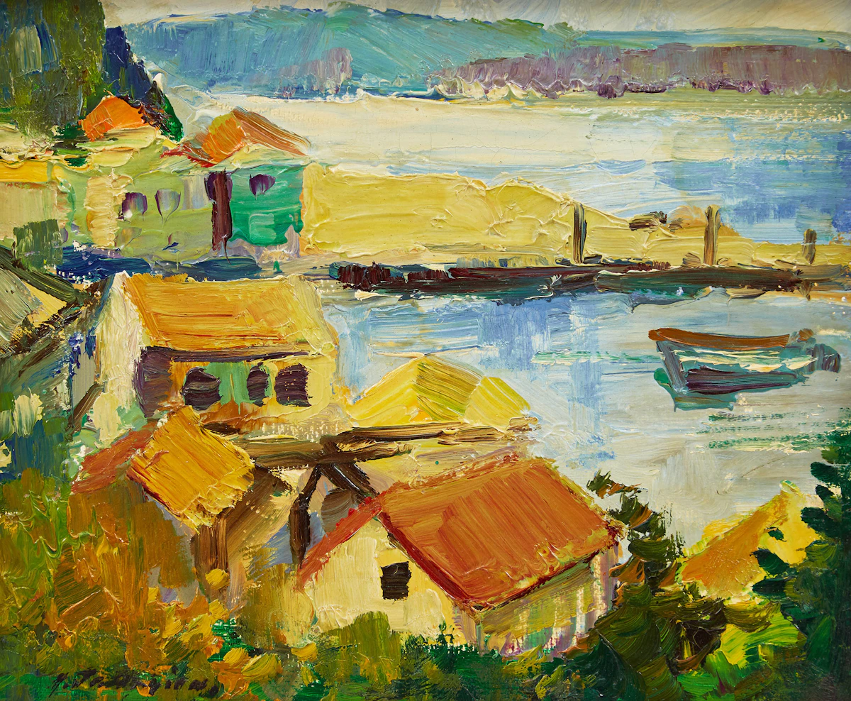 Armand Tatossian, Coastal Village, oil on board