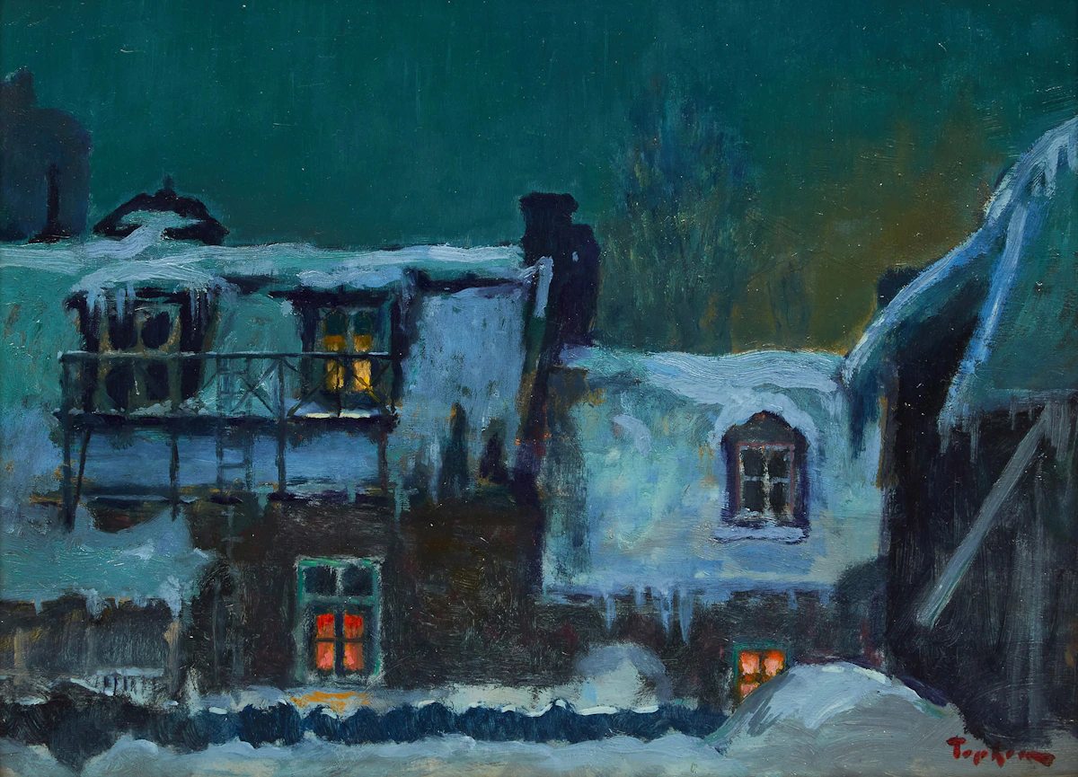 William Thurston Topham, Rooftops, back of University Street, oil on metal