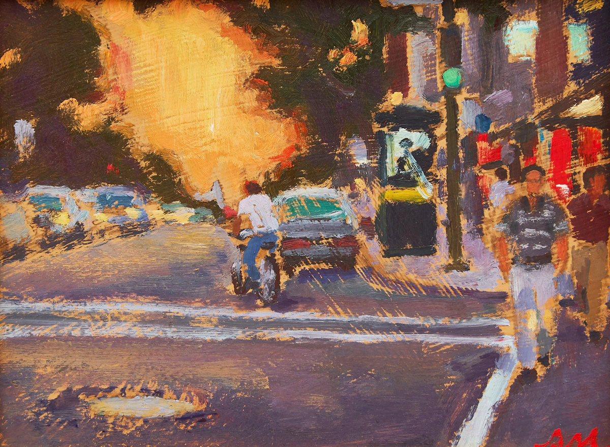Richard Montpetit, Rue St- Denis, Crepuscule, oil on masonite, 1994