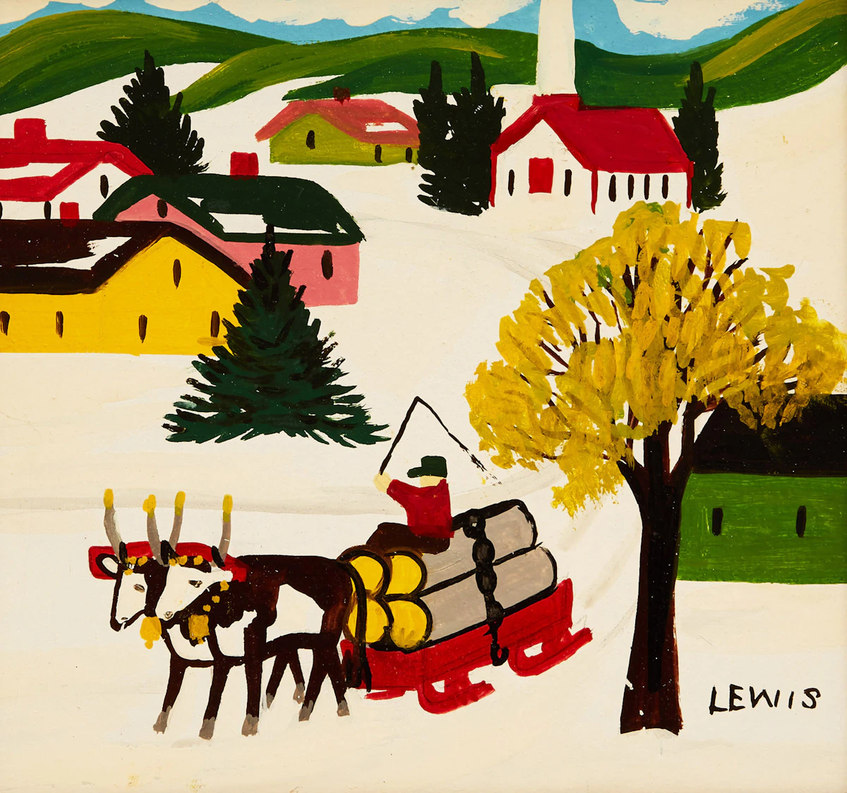 Maud Lewis, Hauling Logs, Winter, mixed media on board