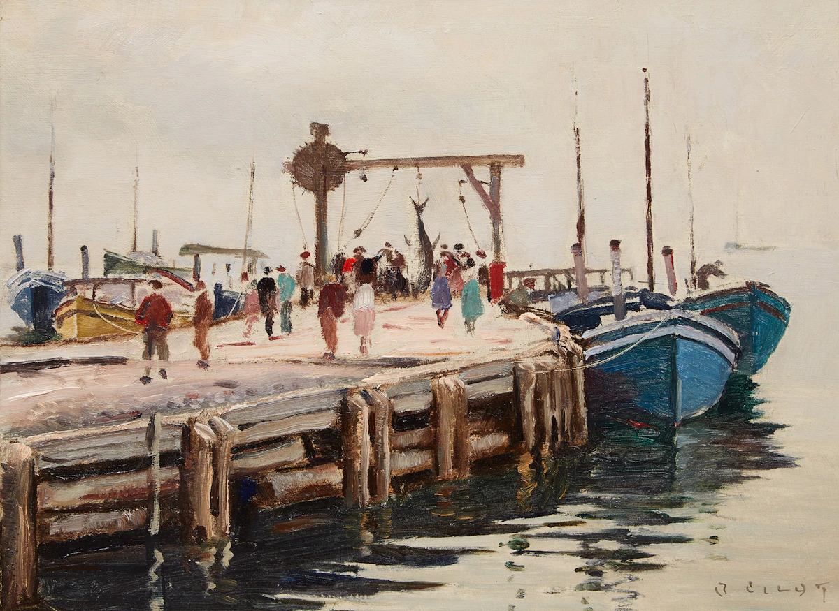 Robert Wakeham Pilot, The Tuna Wharf, Wedgeport, N.S., oil on board, 1954