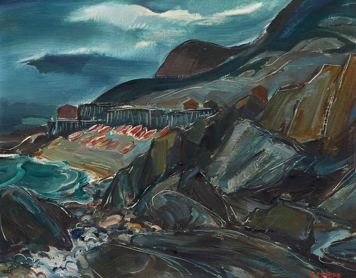 George Douglas Pepper, Newfoundland Fishing Village, oil on canvas board, circa 1951