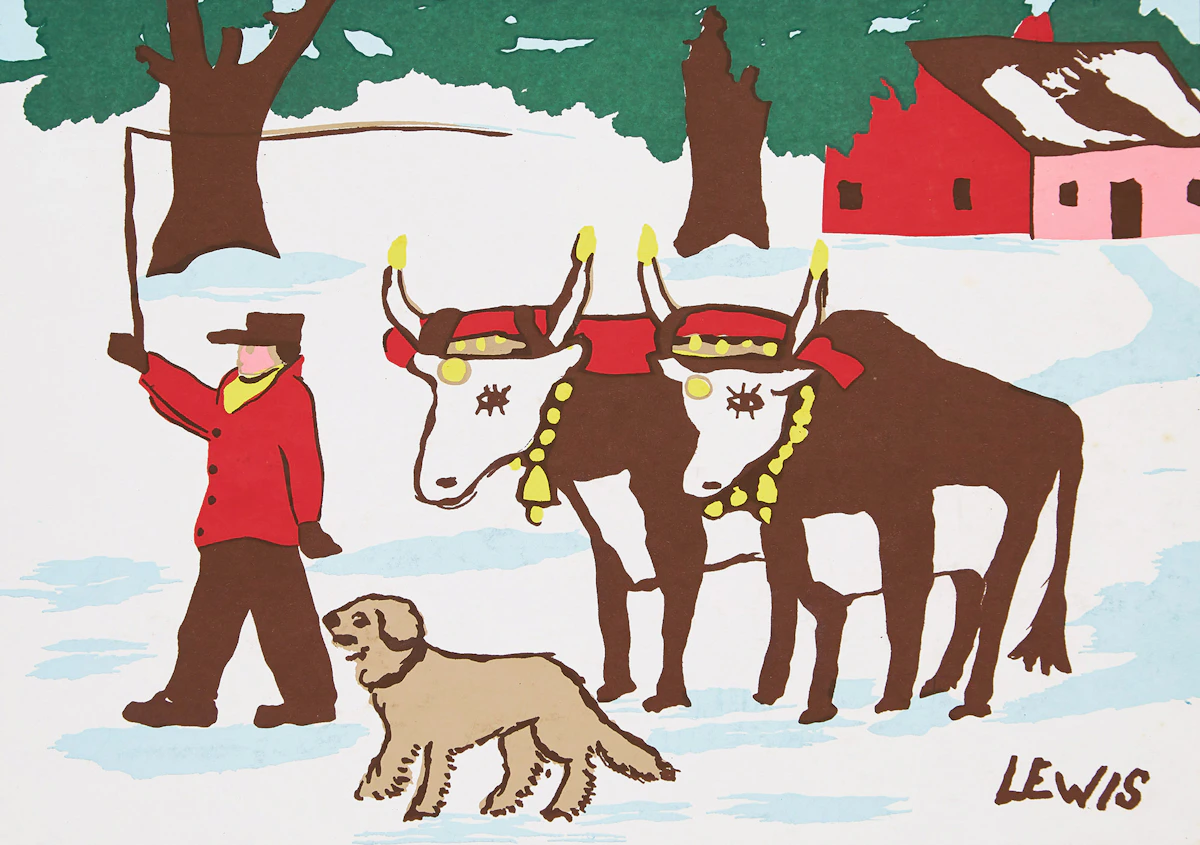 Maud Lewis (Bill Ferguson), Everett with Dog Leading Yoked Oxen, silkscreen reproduction on card, 1982