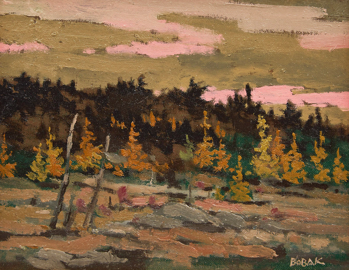Bruno Joseph Bobak, Fall Tamaracks, oil on canvas on board