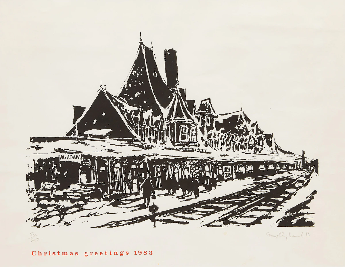 Molly Lamb Bobak, Macadam Railway Station (Christmas Greetings 1983), woodcut, 1983