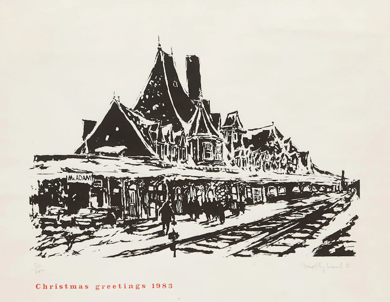 Macadam Railway Station (Christmas Greetings 1983) by Molly Lamb Bobak