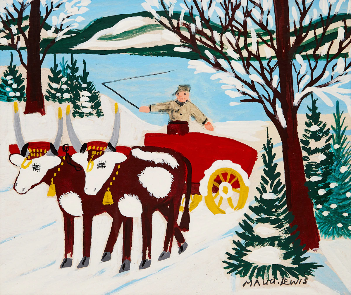 Maud Lewis, Two Oxen with Red Cart, Winter, mixed media on board