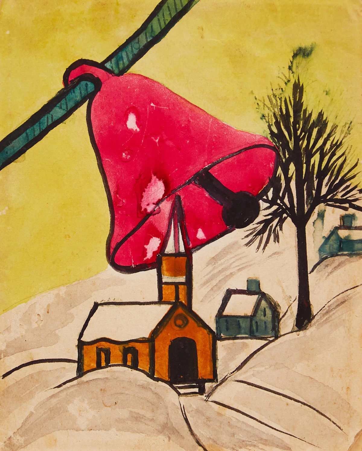 Maud Lewis, Christmas Bell and Church (1935-45), watercolour on paper