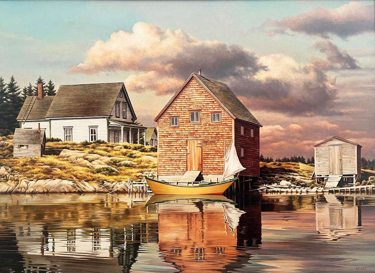Paul Kelley, Tumblin Island Homestead, oil on masonite