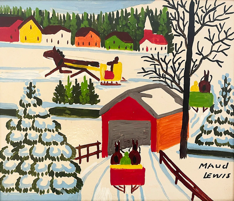 Winter Sleighing Scene with a Covered Bridge by Maud Lewis