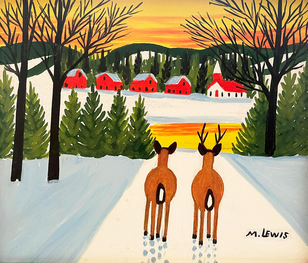 Maud Lewis, Two Deer, Sunset, mixed media on board