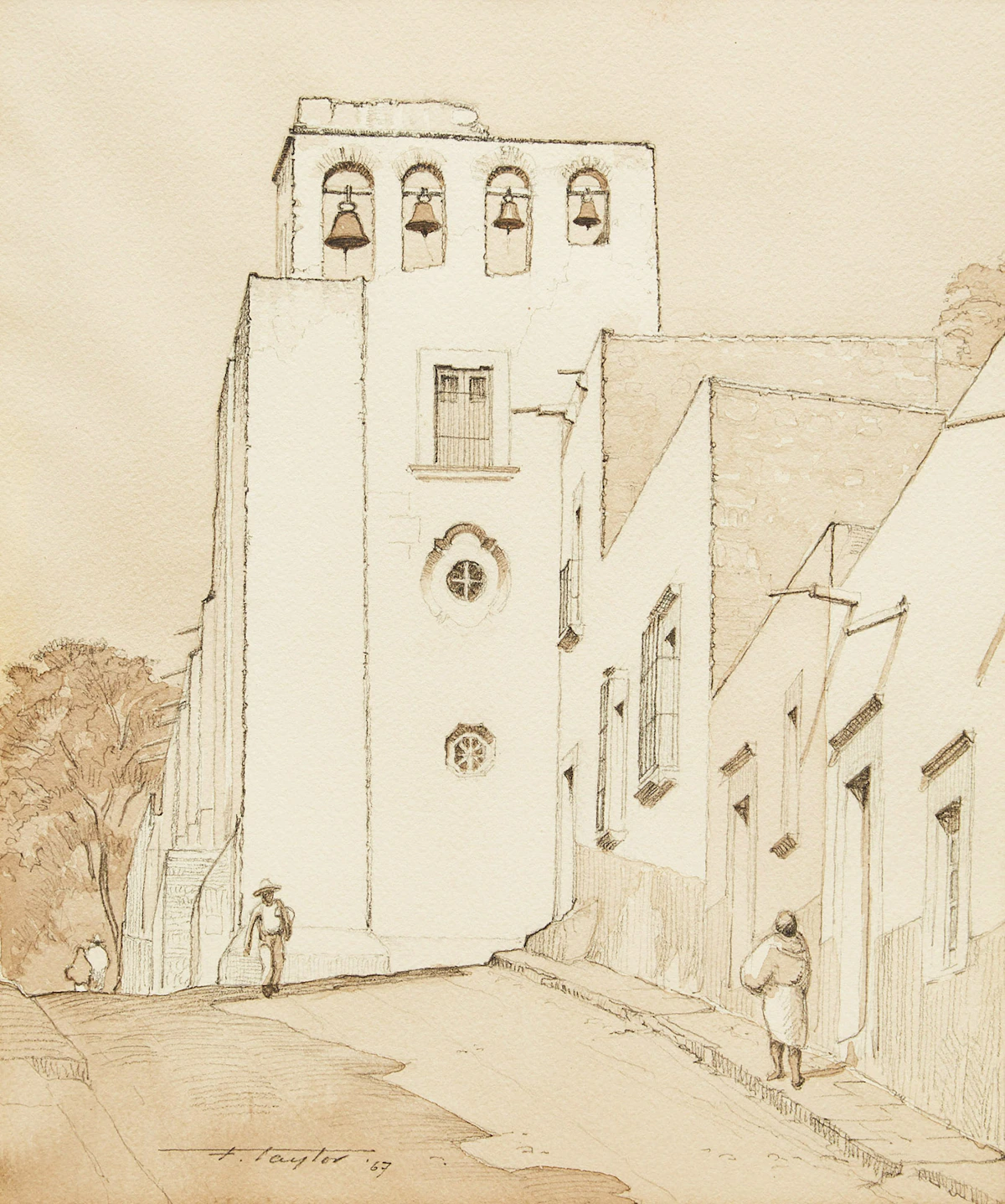 Frederick Bourchier Taylor, Bell Tower, San Miguel de Allende, Mexico, pencil and watercolour, 1967