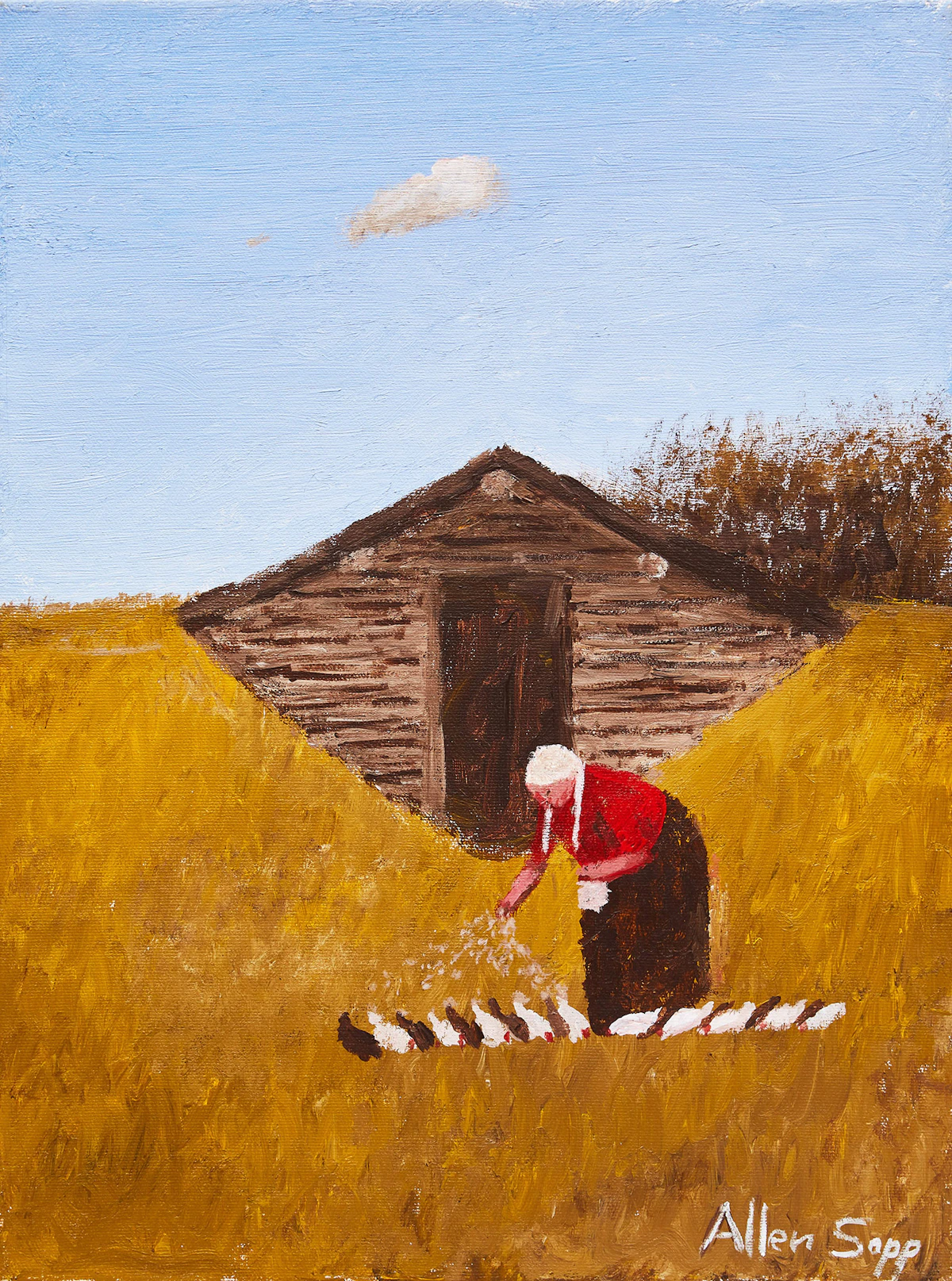 Allen Sapp, My Grandmother (Grandmother Feeding the Chickens), oil on canvas