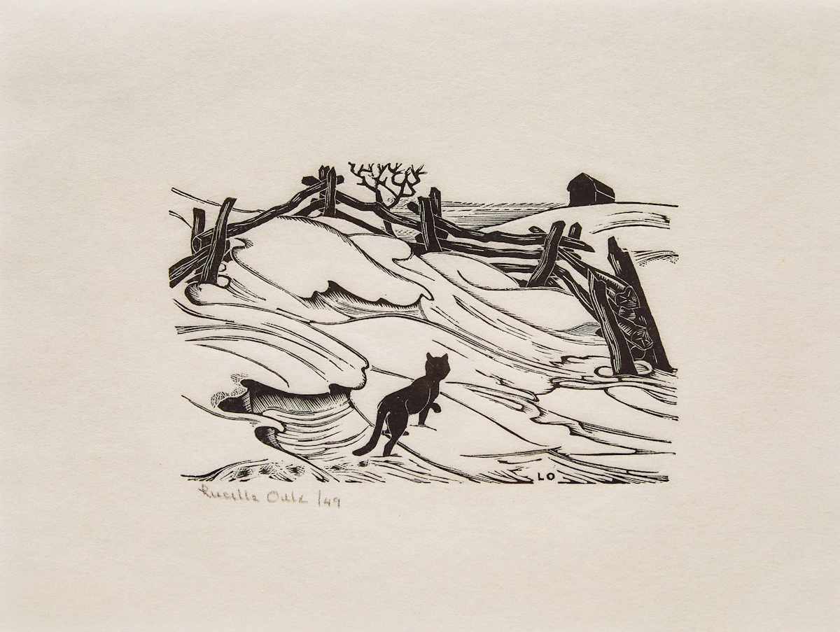 Lucille K. McNeill Oille, Cat and Rail Fence, woodcut, 1949