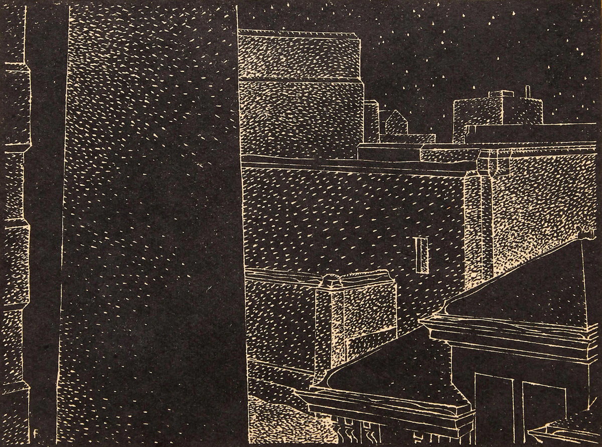 Lionel LeMoine FitzGerald, Rooftops, Civic Auditorium, linocut, circa 1938