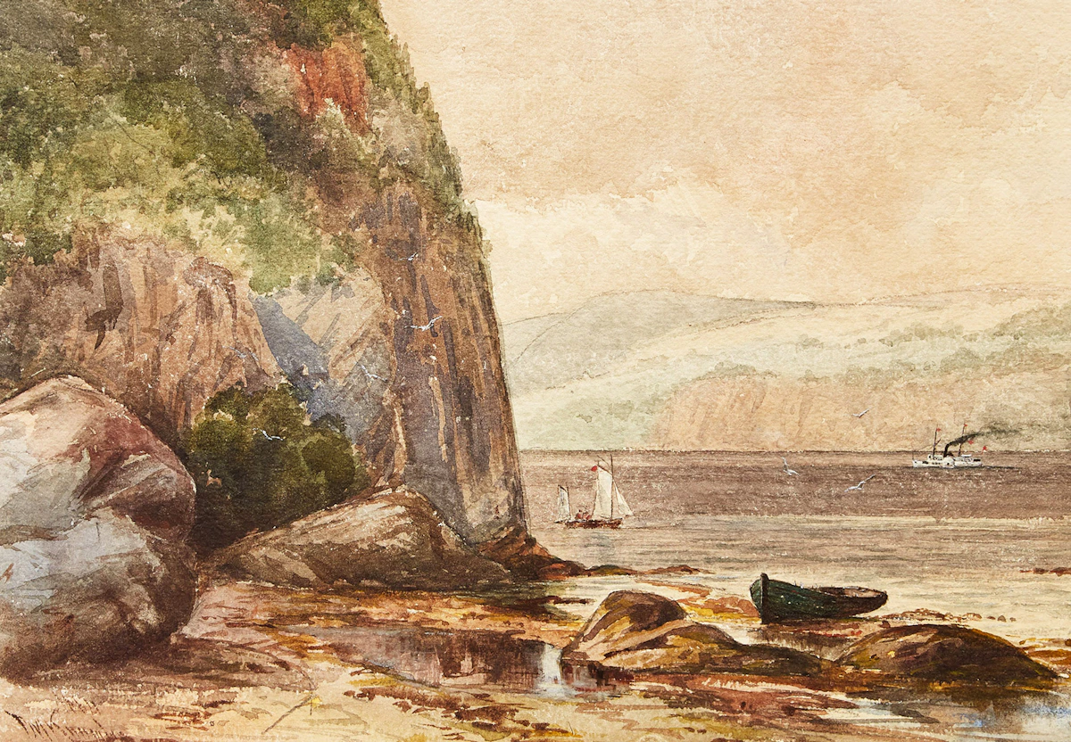 Farquhar McGillivray Strachan Knowles, Capes Trinity & Eternity, Saguenay River with Paddlewheel Steamer in the Distance, watercolour