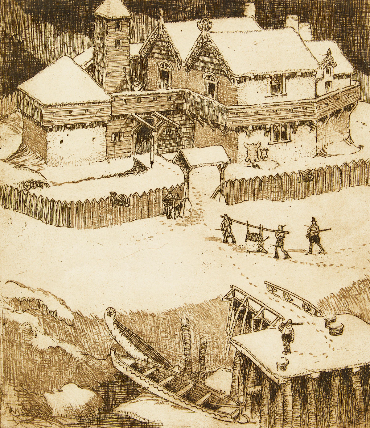Stanley Francis Turner, Champlain’s Habitation, Quebec, 1608, etching