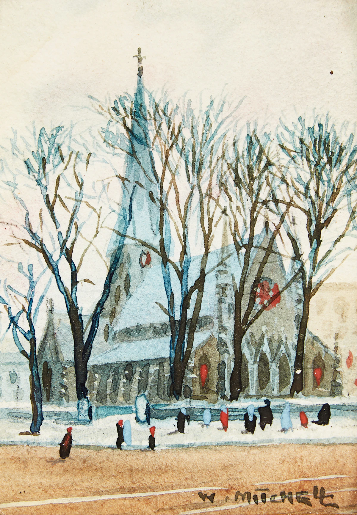 Willard Morse Mitchell, Moonlight View of Christ Church Cathedral, Montreal; Mountains Shawled in Snow, Montebello, P.Q.; Two Stone Towers, Sherbrooke St. West, Montreal, three watercolours