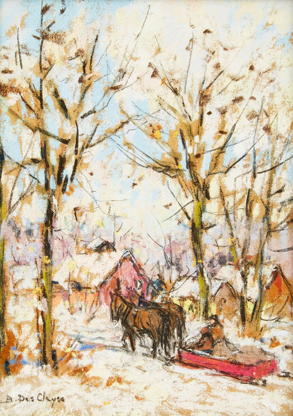 Berthe Des Clayes, Untitled, Farm in Winter, pastel, circa 1930/40