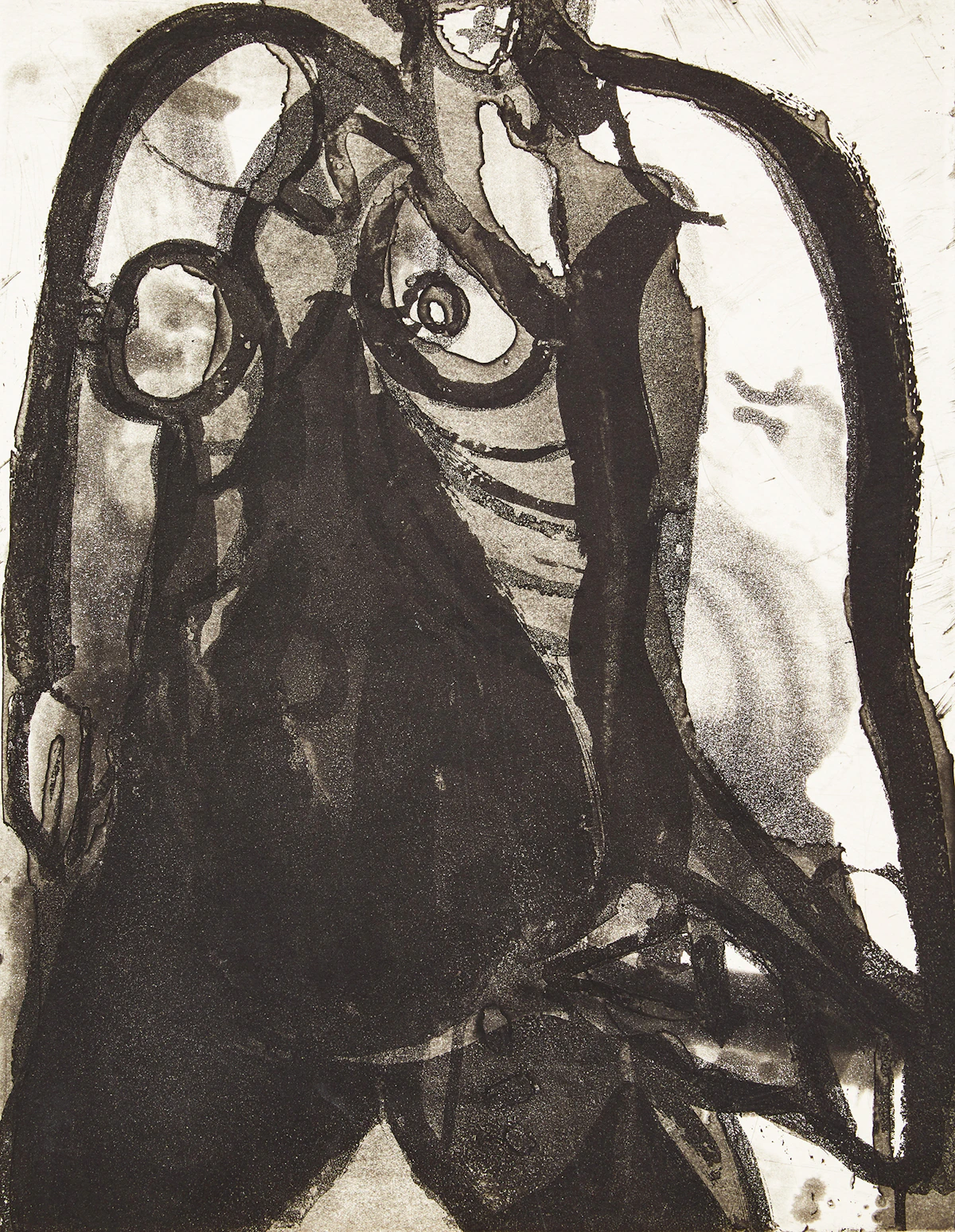 Francine Simonin, Sans titre (figure); Sur la plage, two etchings and aquatints, 1974