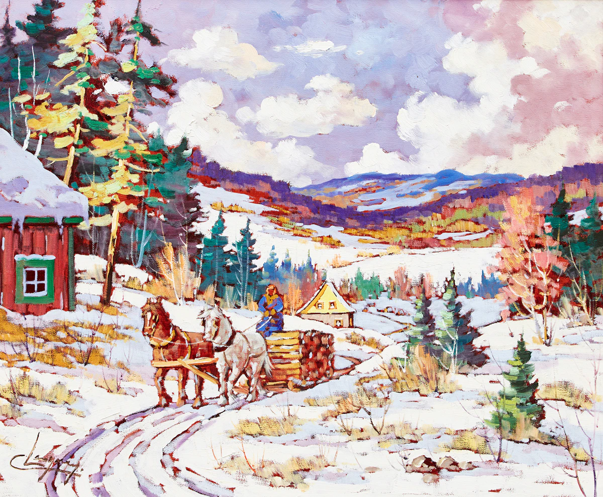 Claude Langevin, Retour au village, oil on canvas