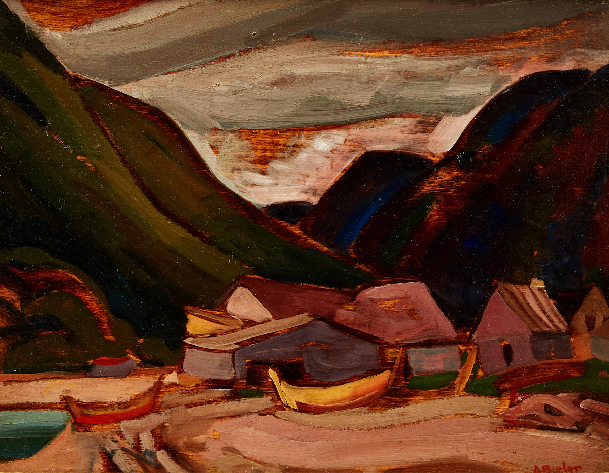 André Charles Biéler, Mi’kmaq Village, Gaspé, oil on board, 1928
