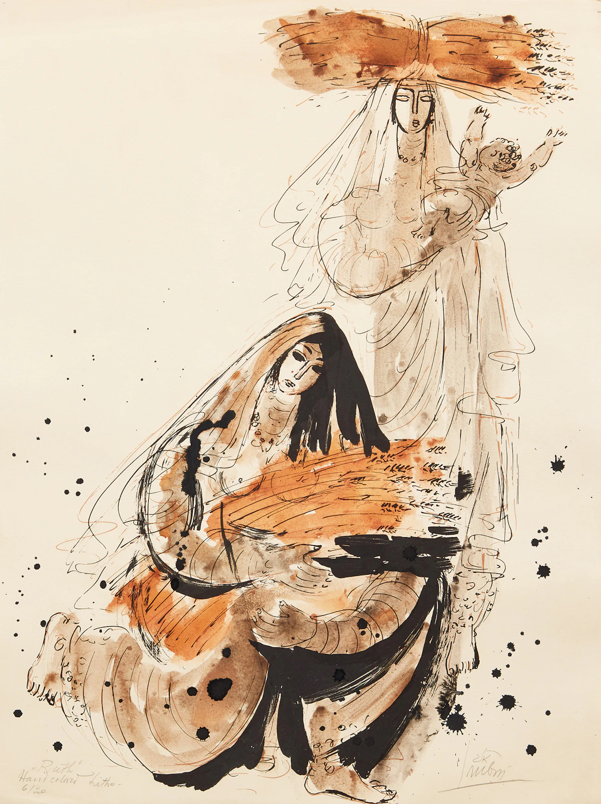 Reuven Rubin, Naomi and Ruth, colour lithograph with hand colouring
