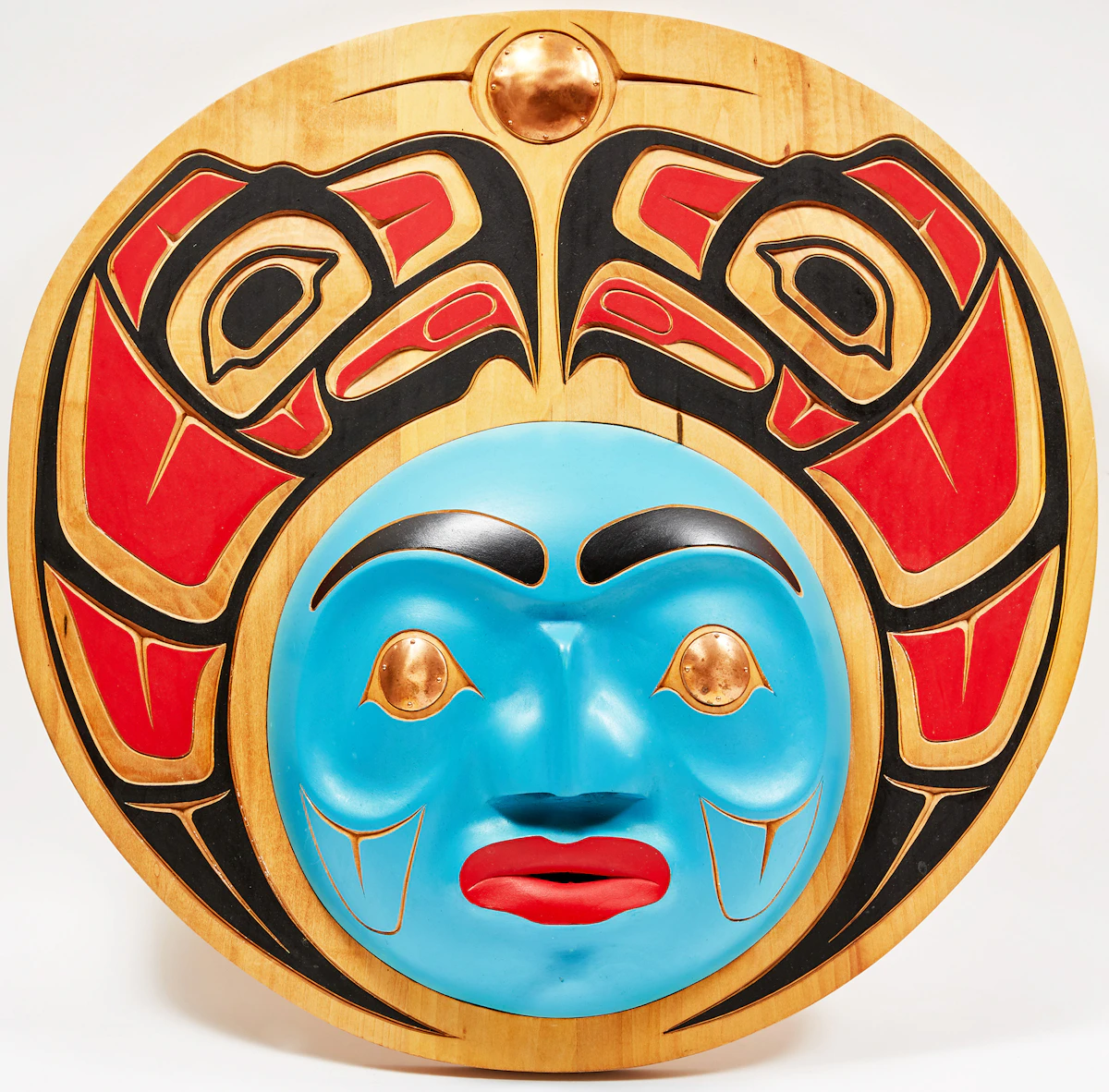 George Earl Storry, “Haida” Eagle Moon, painted carved mask with copper accents, 1998