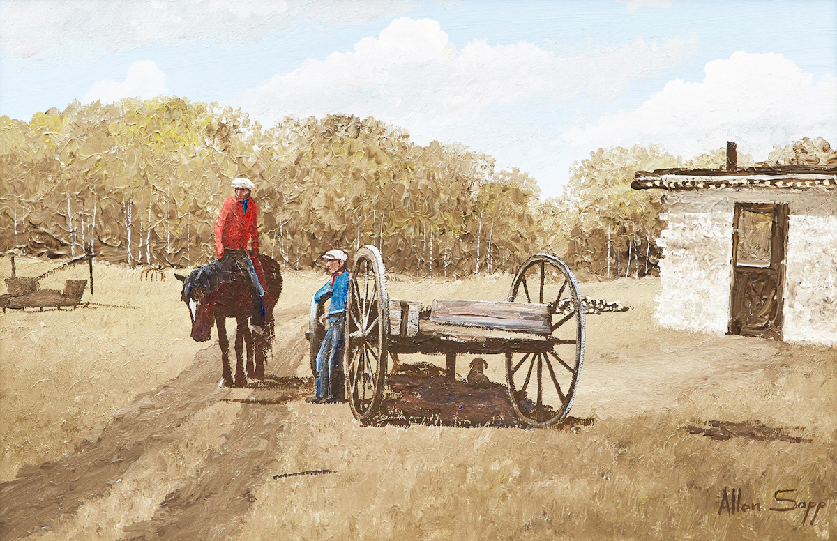Allen Sapp, Telling Him He’s Going to Cut Willow Pickets Tomorrow, acrylic on canvas