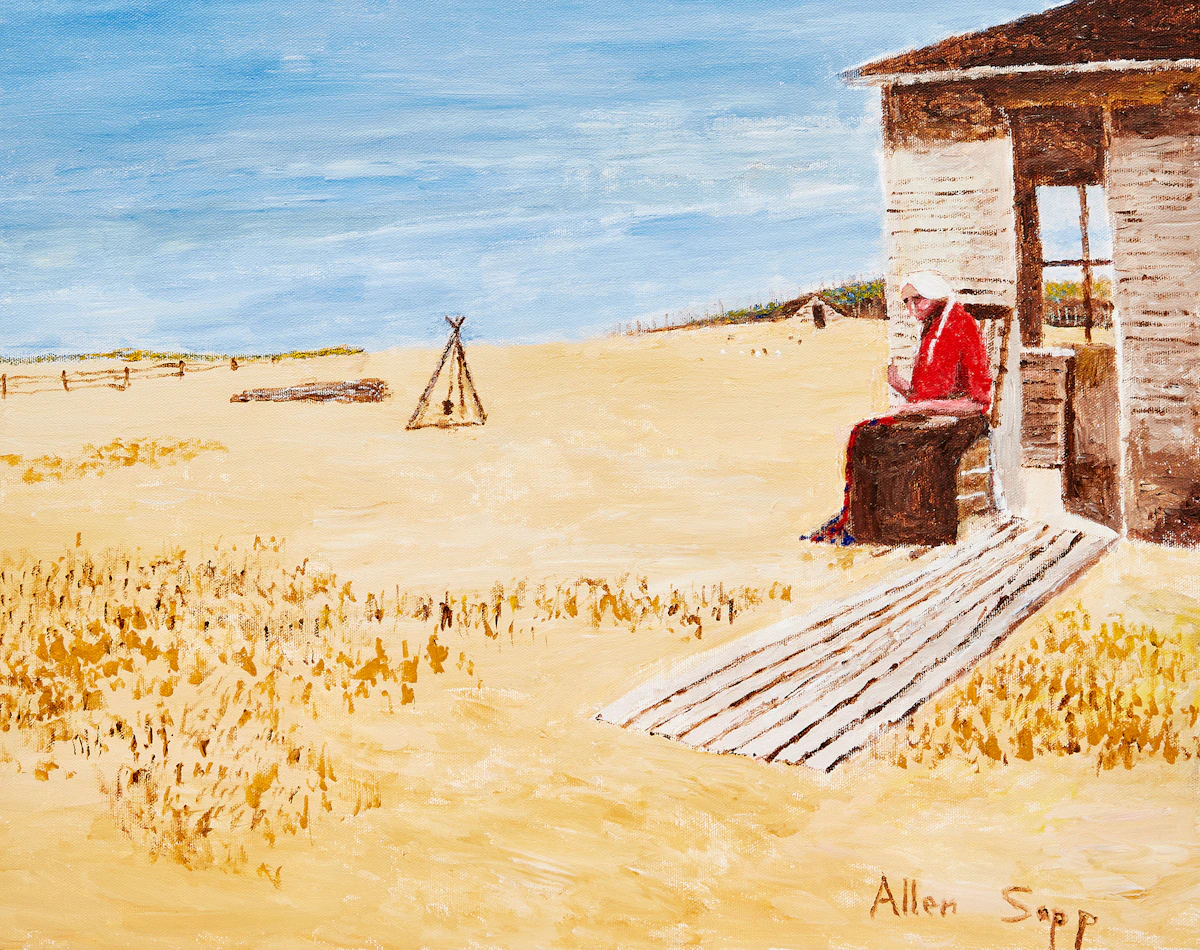 Allen Sapp, Nokum is Sewing Outside, oil on canvas