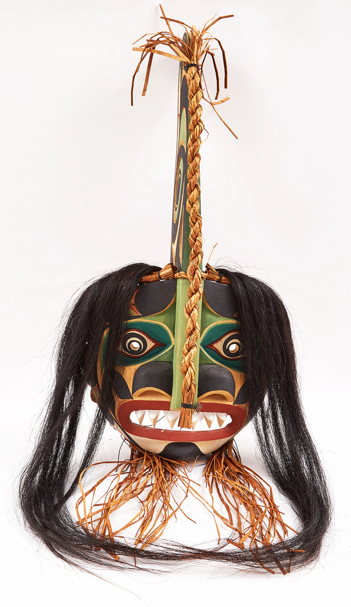 Patrick Amos, Killer Whale Mask with Hawk and Dorsal Fin, painted cedar bark and horse hair, 2000