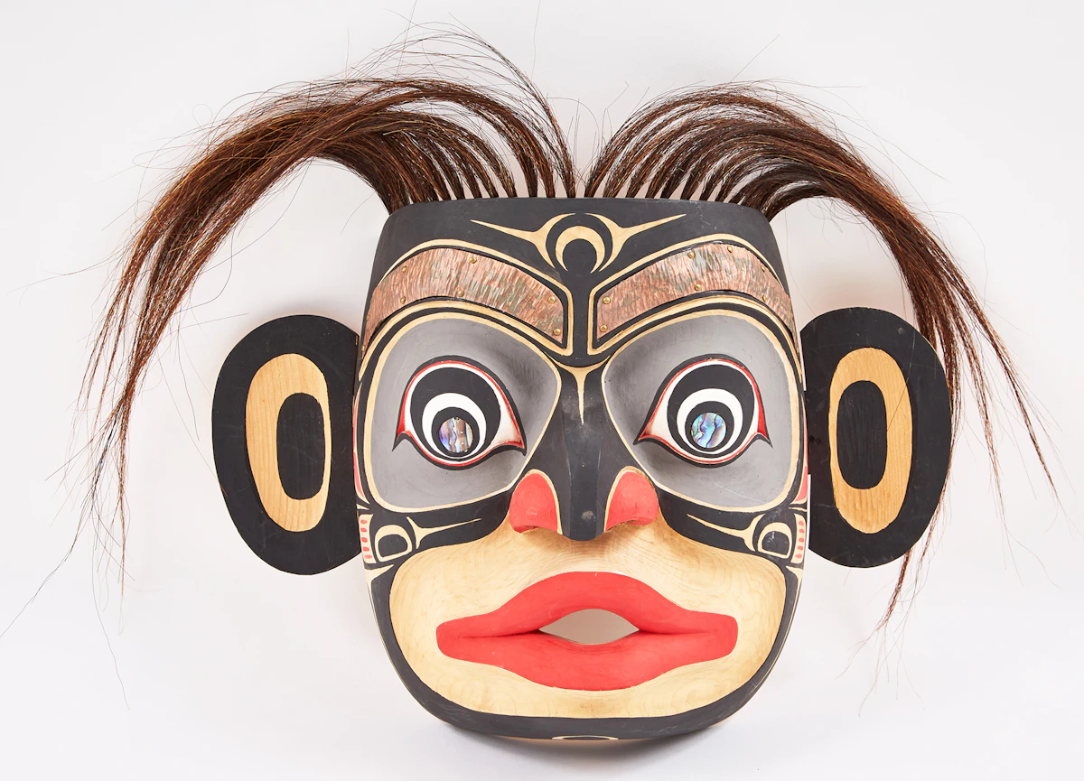 Paul Johnny, Mask with Large Ears, painted cedar wood and copper with horse hair