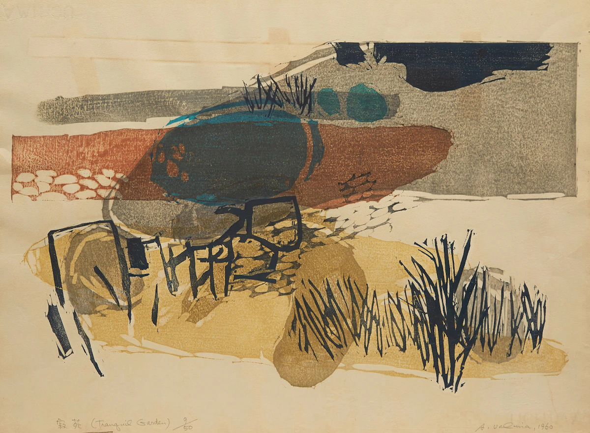 Ansei Uchima, Tranquil Garden , linocut, 1960