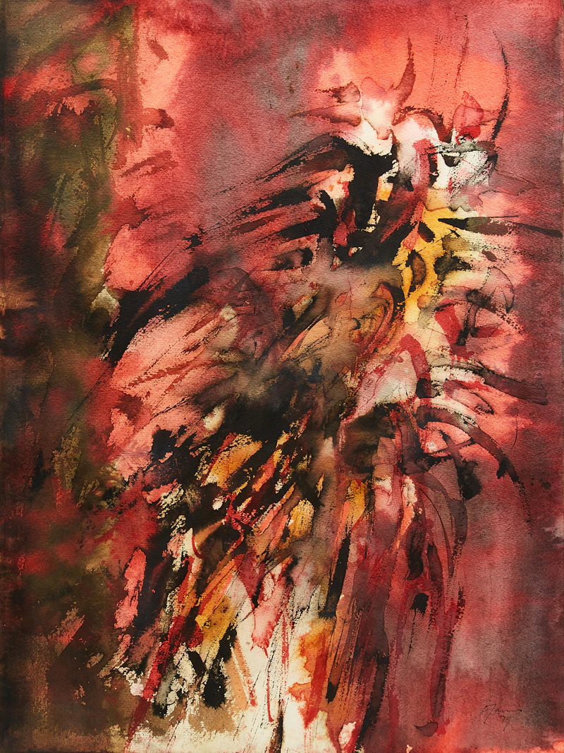 Donald Jarvis, Red Bird Variation (I) , ink and watercolour