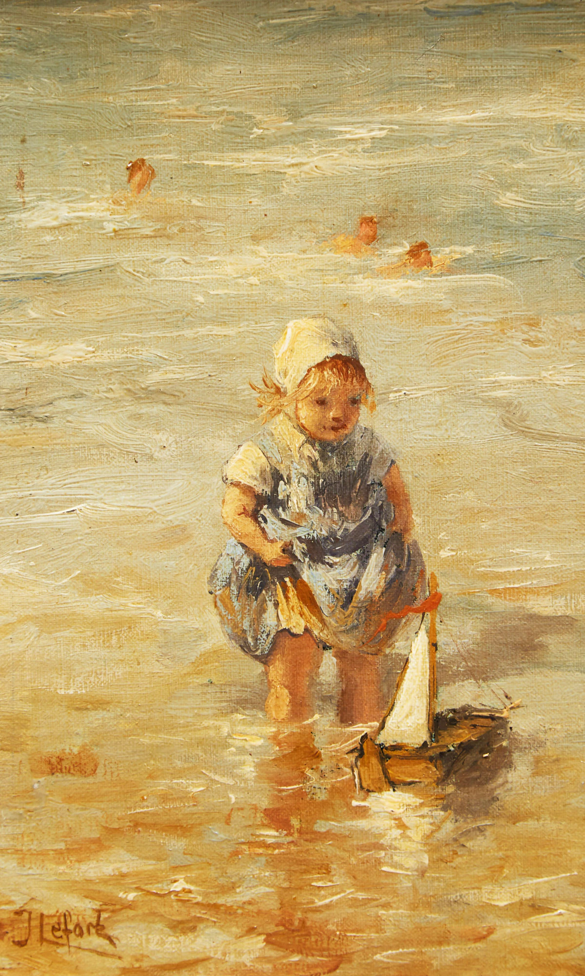 Jean-Louis Lefort, Girl Playing at Beach, oil on canvas laid down on board
