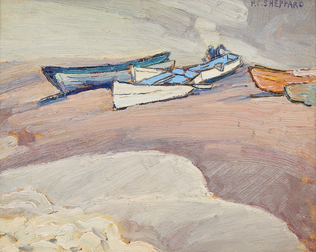Peter Clapham Sheppard, Boats on the Shore, oil on board