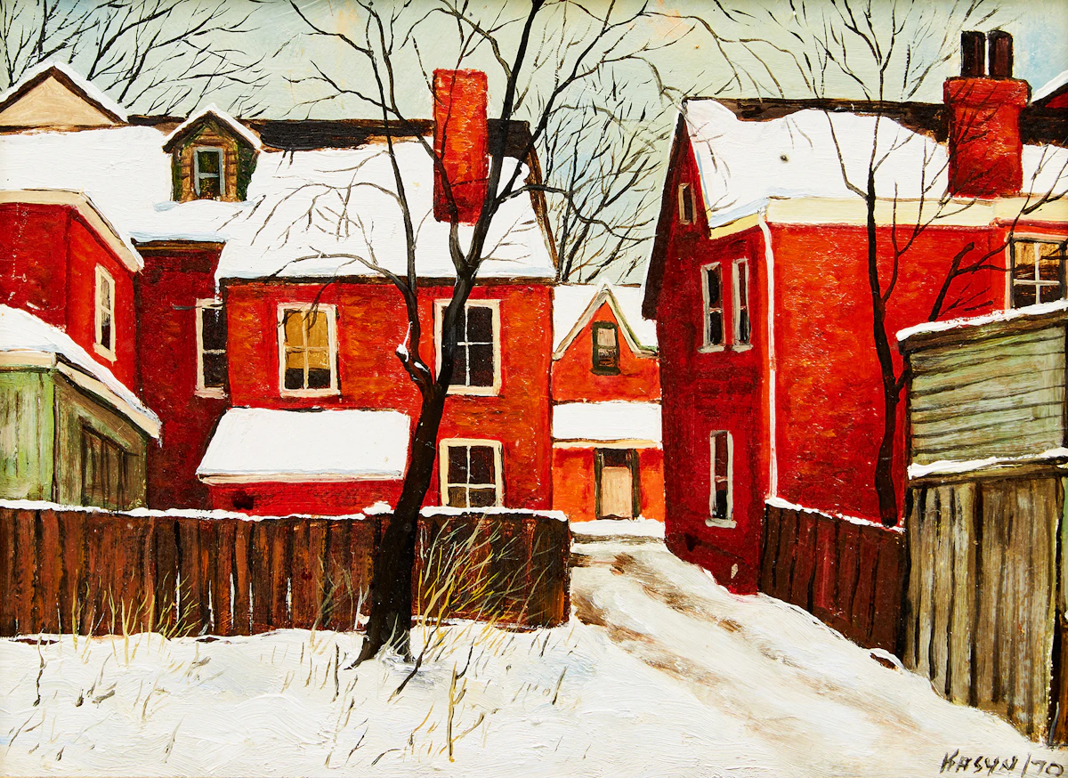 John Kasyn, Backyards with Trees (Ontario Street), oil with lucite on masonite, 1970