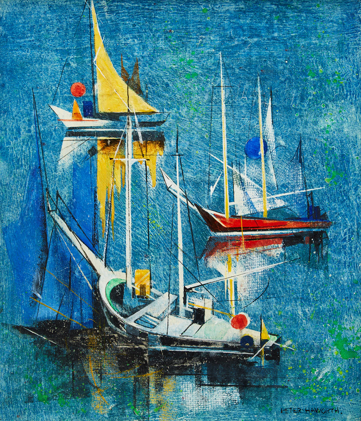 Peter Haworth, Swordfish Boats & Yellow Sail, oil on board