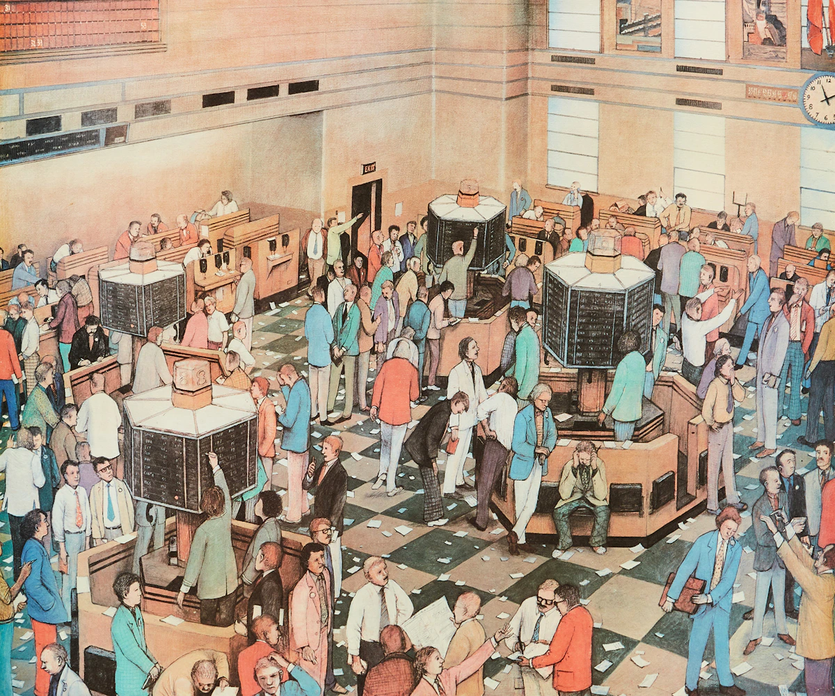 William Kurelek, Light Trading Day, Toronto Stock Exchange, colour lithograph