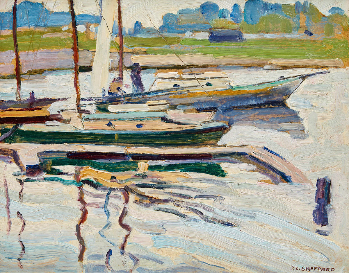 Peter Clapham Sheppard, Sailboats at Anchor, Ashbridges Bay, Toronto, double-sided oil on board