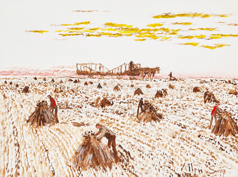 Allen Sapp, Hay Stooks, acrylic on canvas