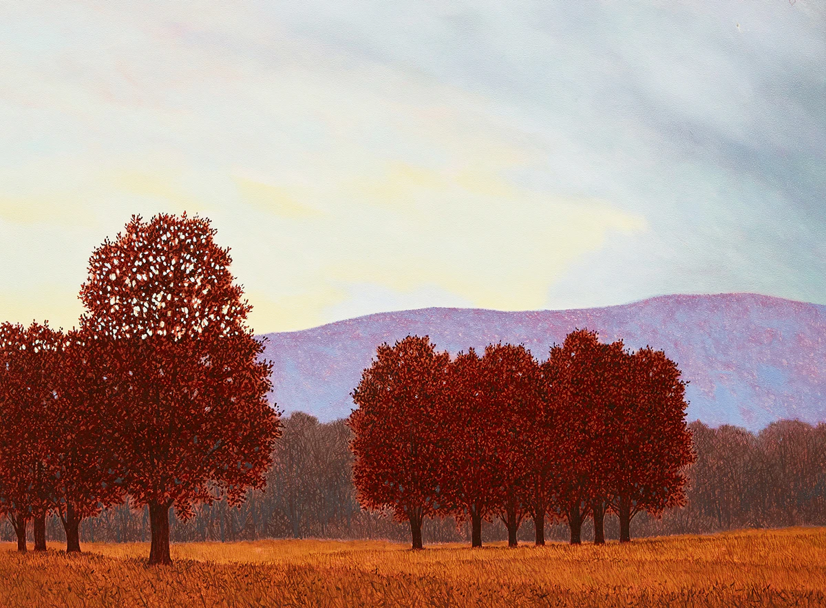 Philip Sybal, Red Maples, Mauve Hills, oil on board, 1993