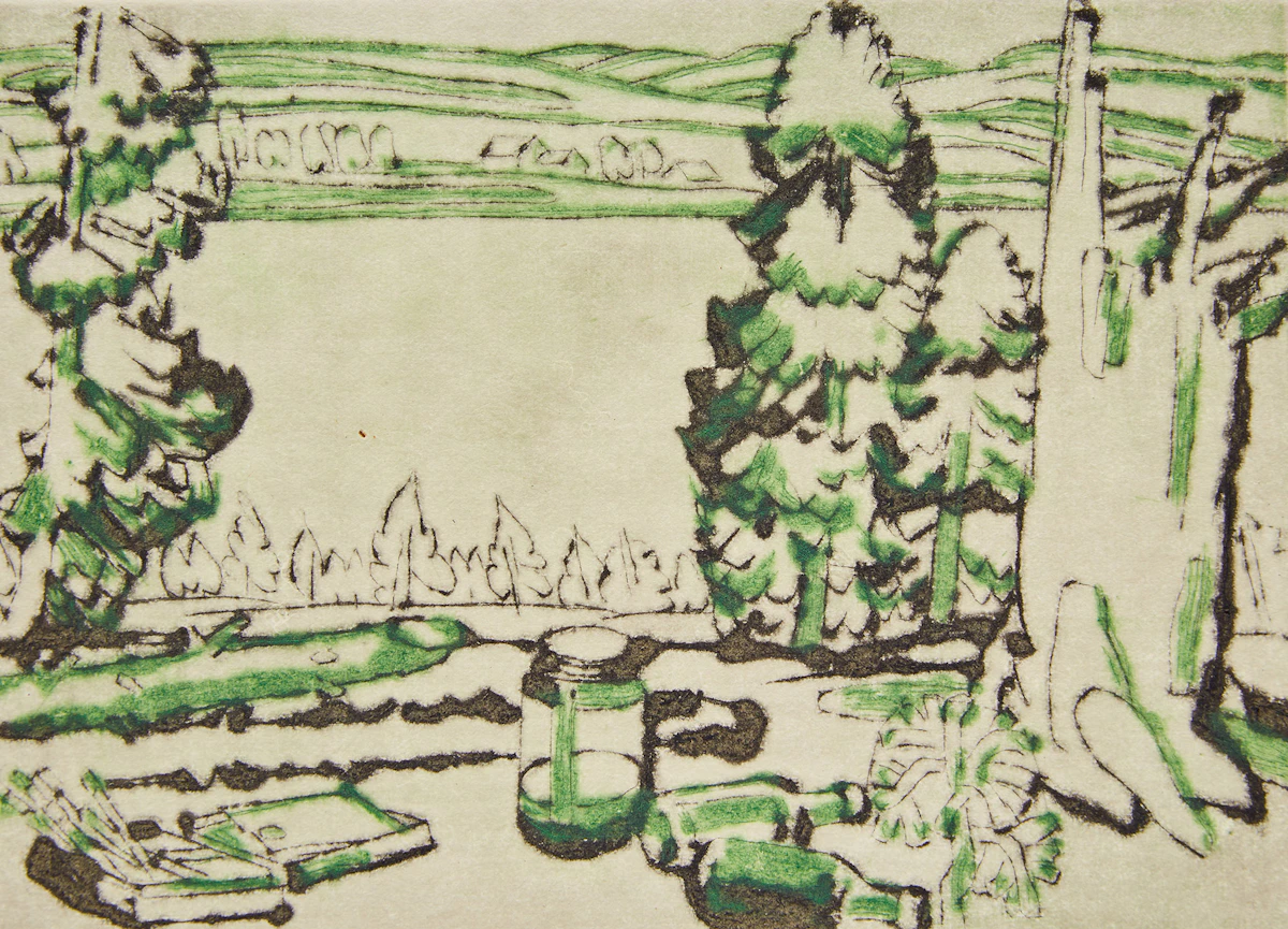 David Brown Milne, Painting Place, drypoint print in colours