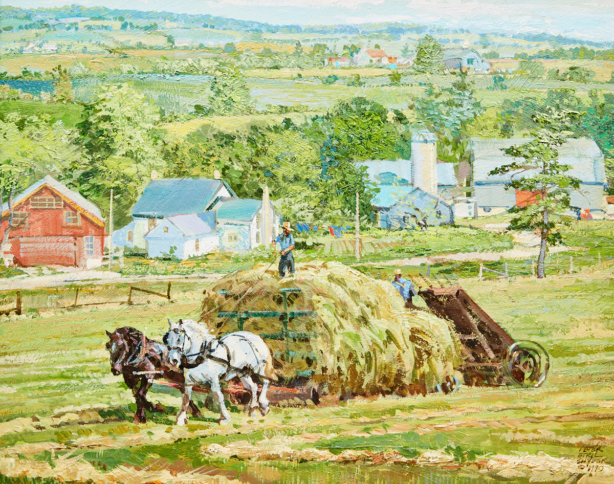 Peter Etril Snyder, Loading Hay Near Hawkesville, oil on board, 1990