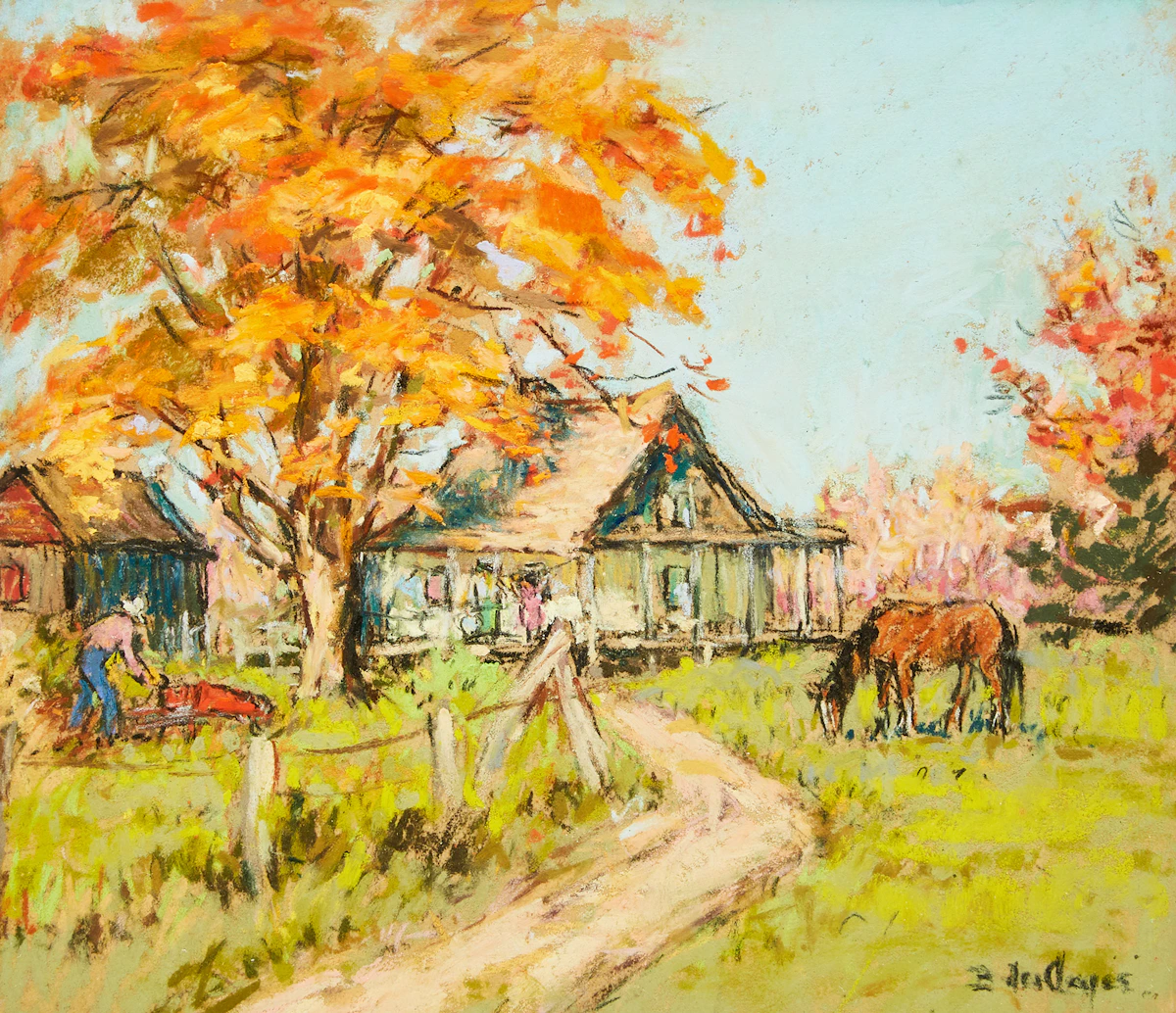 Berthe Des Clayes, Farm in Autumn, pastel