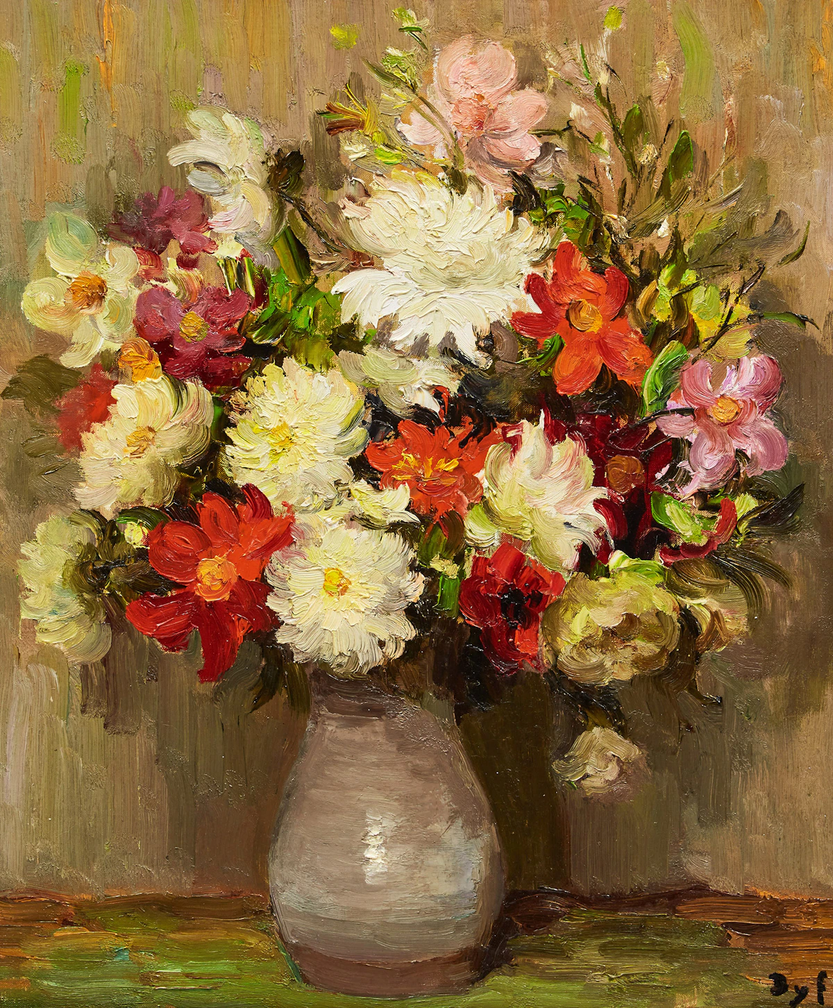 Marcel Dyf, Flowers in a Grey Vase, oil on canvas