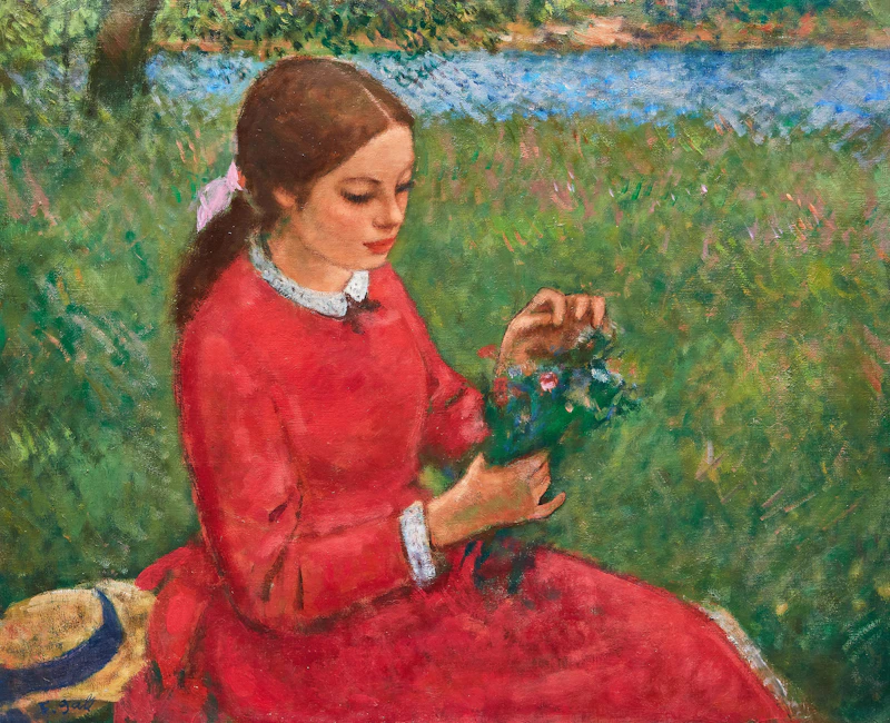 Elizabeth-Anne en rouge, au bouquet de fleurs au bord de l’eau by François Gall